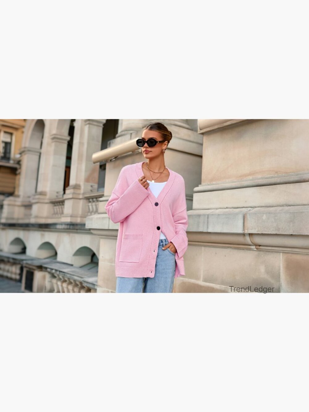 Oversized Chunky Knit Cardigan with Pockets V-Neck Loose Fit Long Sleeve - Picture 6 of 7